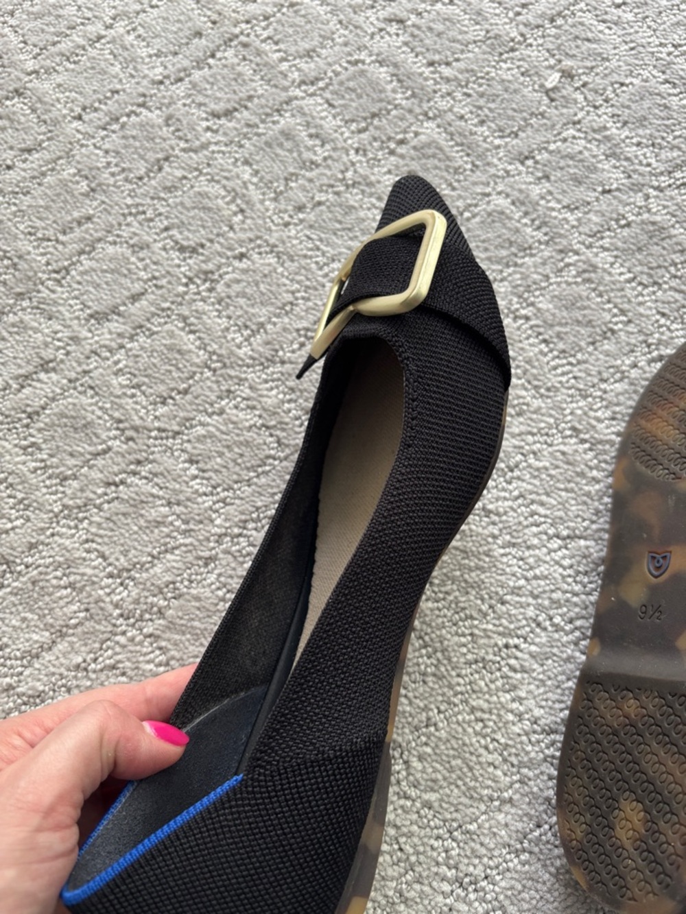 Rothy’s The Emblem Point II Black Flat with Gold Buckle - Picture 10 of 11